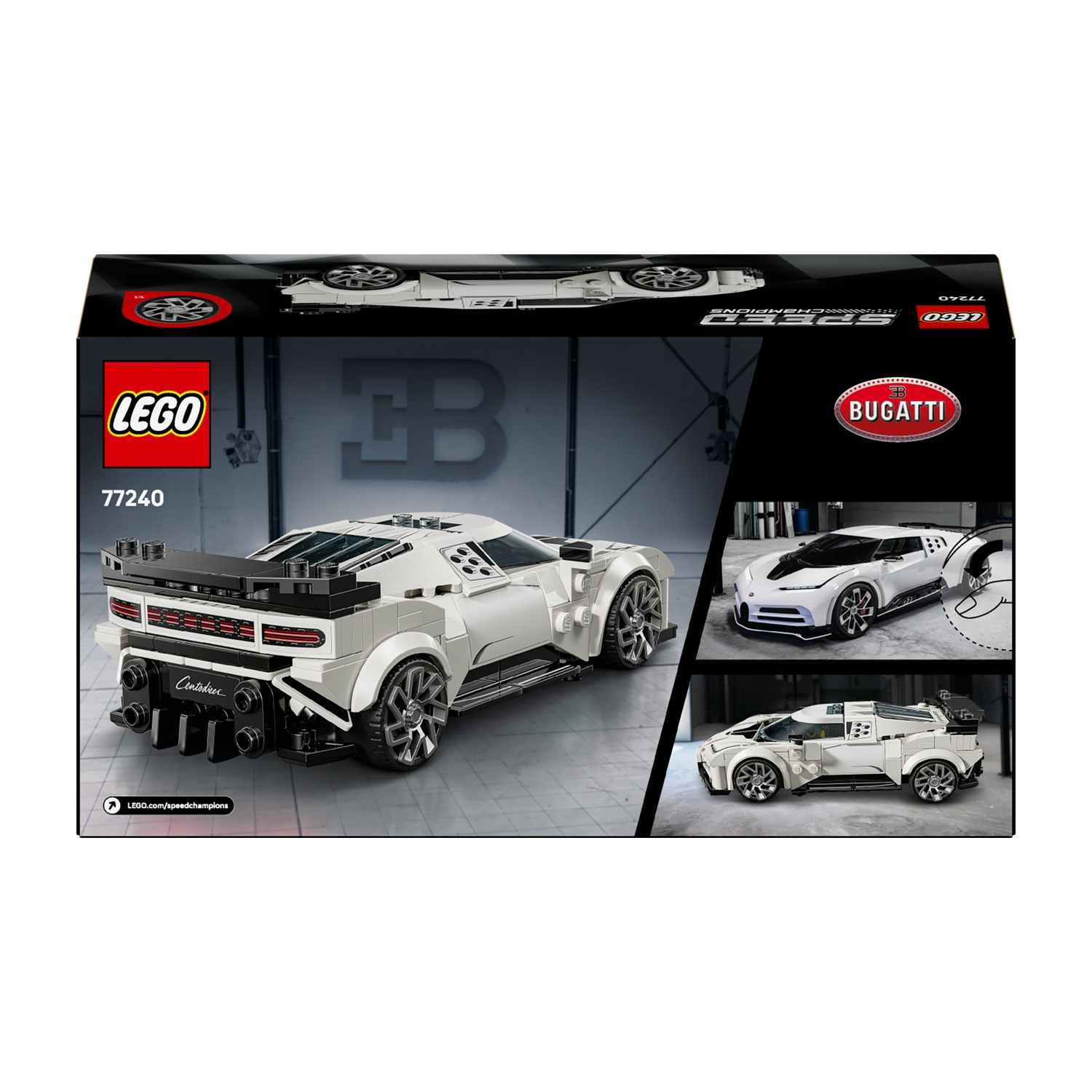 Set Lego Bugatti Centodieci Speed Champions con modello auto bianco e logo Bugatti.