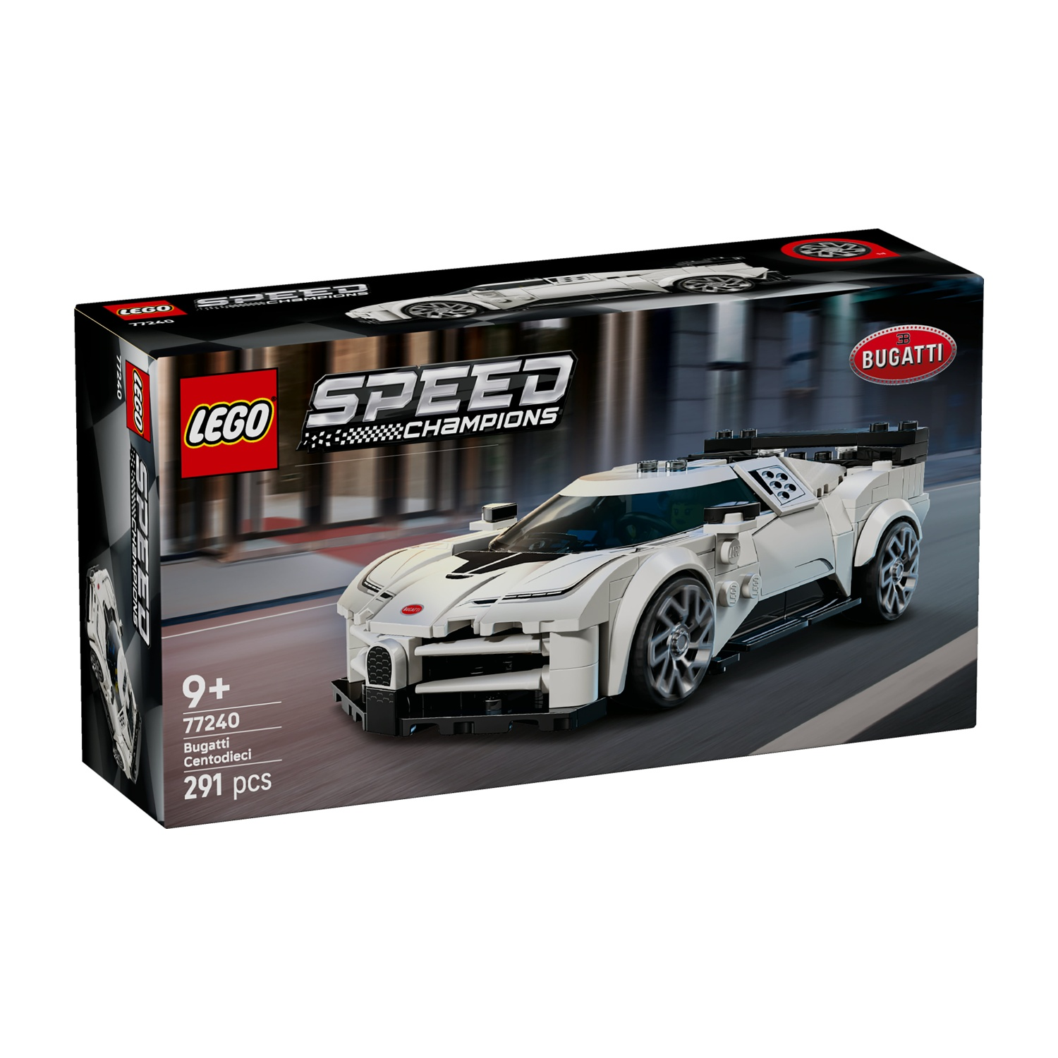 Scatola set Lego Speed Champions Bugatti Centodieci 77240. Auto giocattolo bianca su strada.