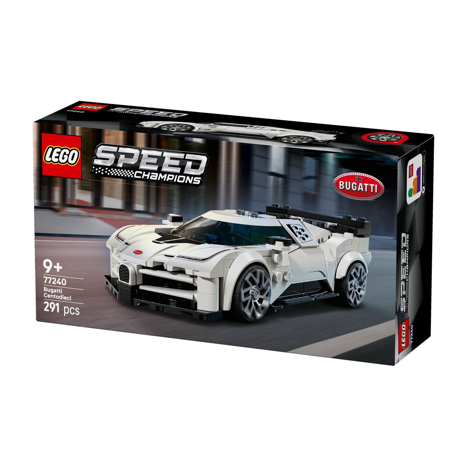 Scatola del set LEGO Speed Champions Bugatti Centodieci, con un modello di auto bianca.