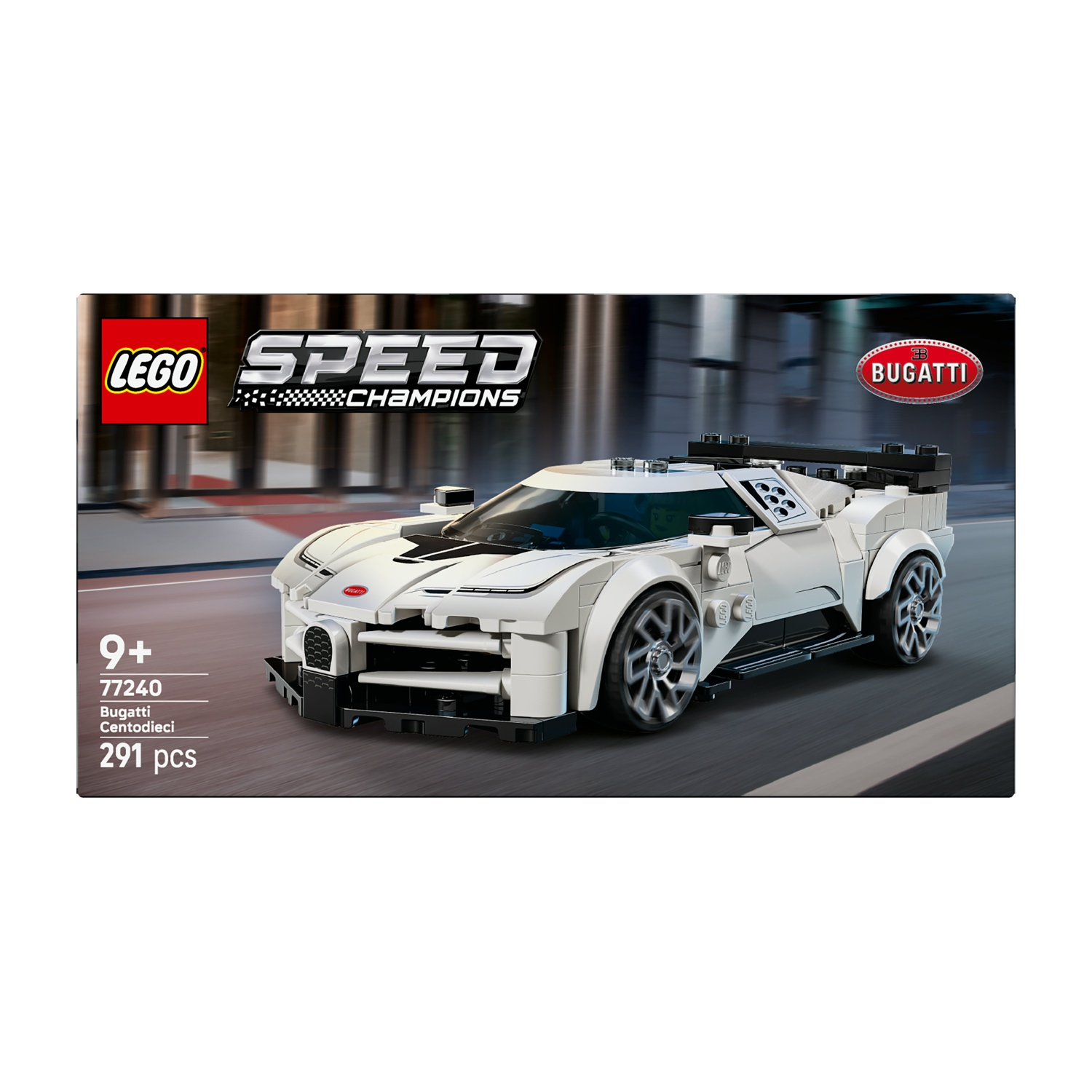 Set Lego Bugatti Centodieci Speed Champions bianco su una strada.