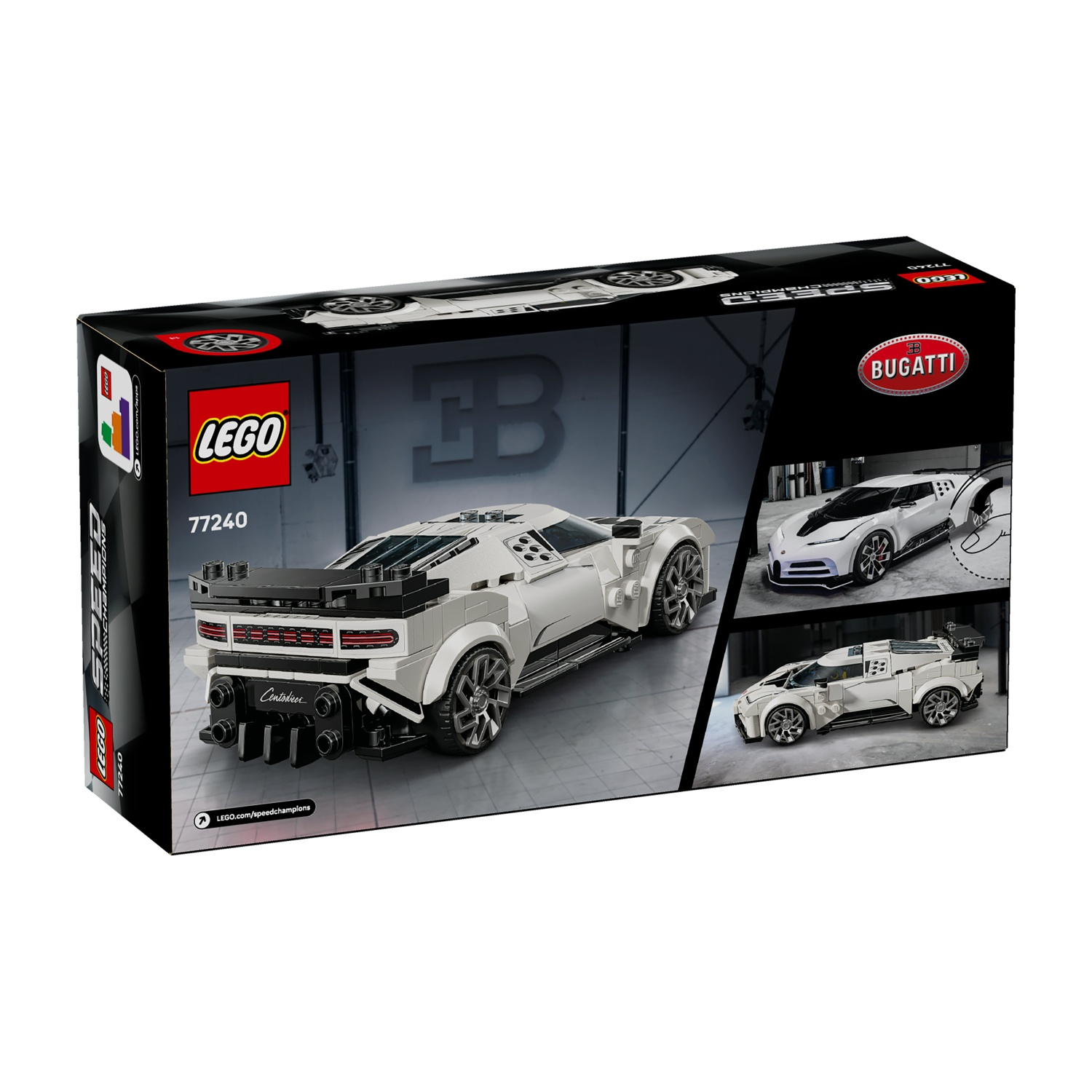 Scatola LEGO Bugatti Centodieci Speed Champions. Modello auto bianco con accenti neri. Tre viste mostrate.