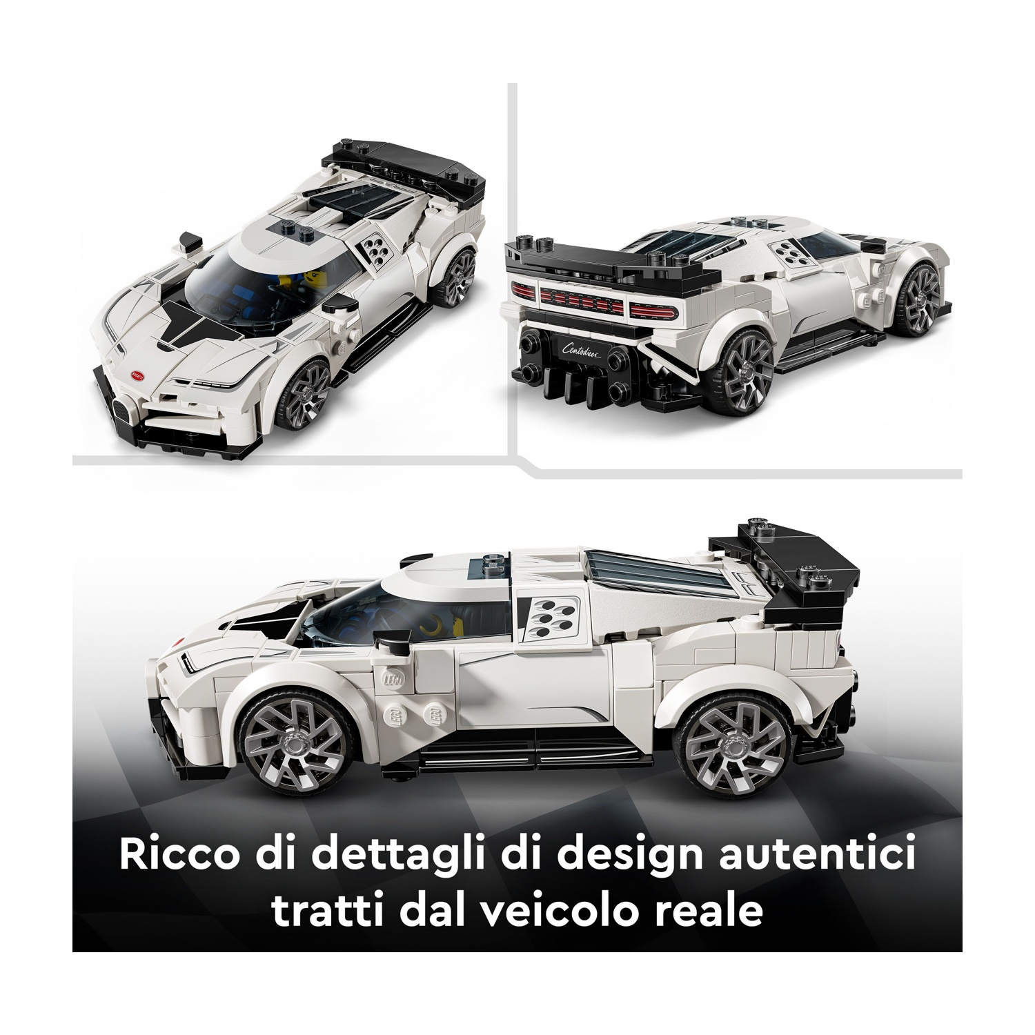 Tre viste di una supercar Lego bianca con accenti neri e strisce da corsa.