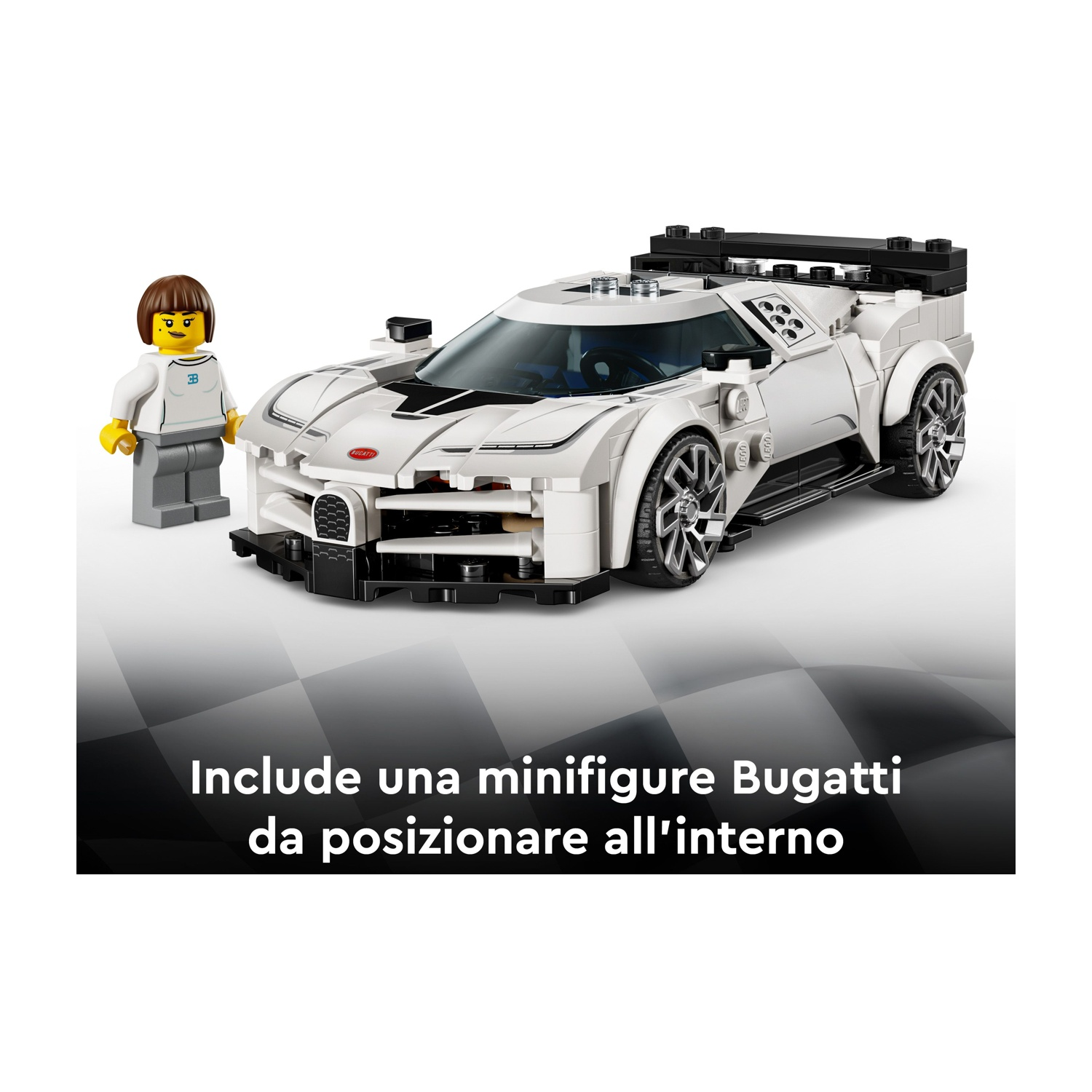 Una Bugatti Lego con minifigure accanto su sfondo a scacchi.