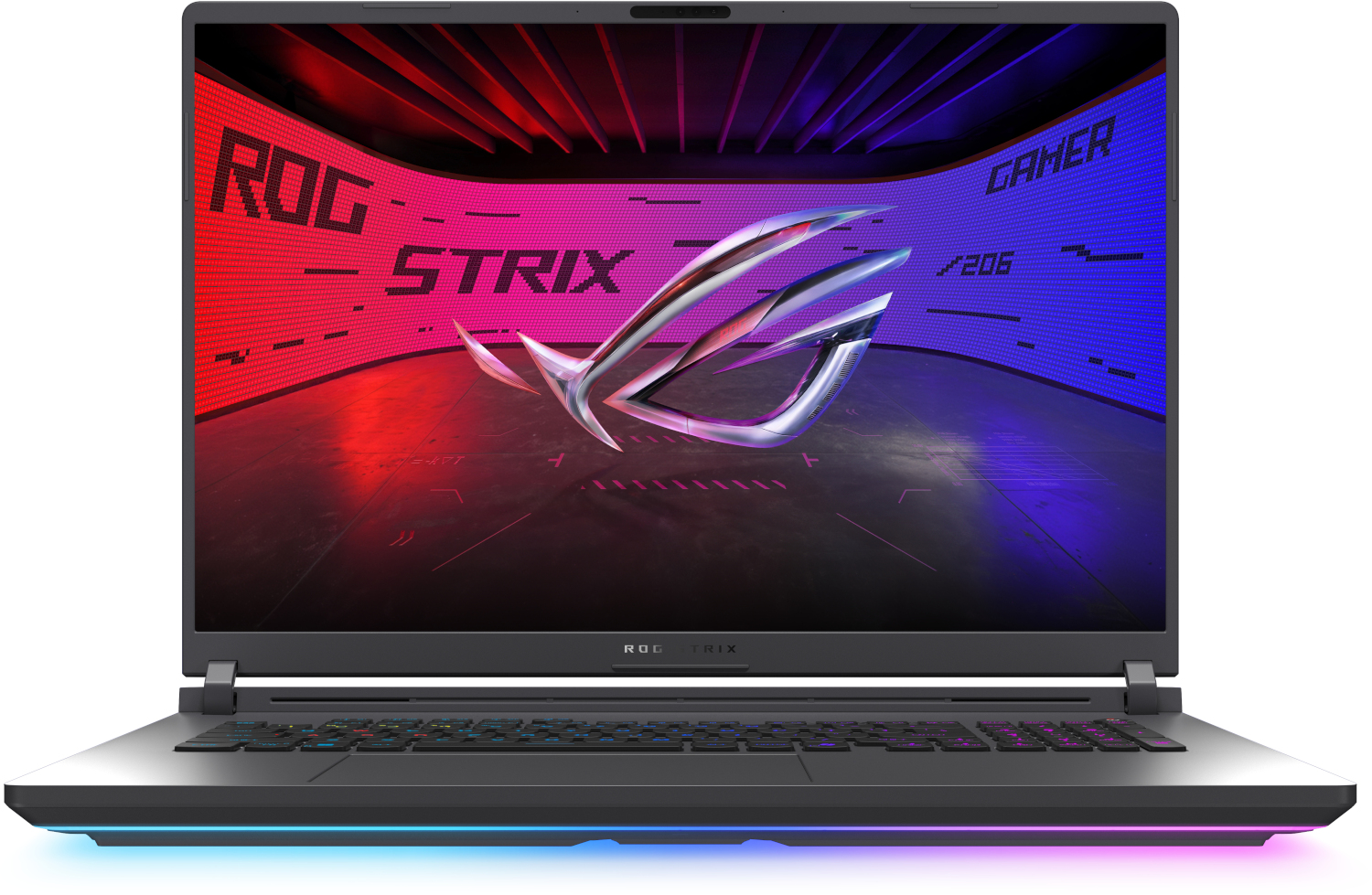 Gaming laptop with ROG Strix logo on screen. Red and blue lights.