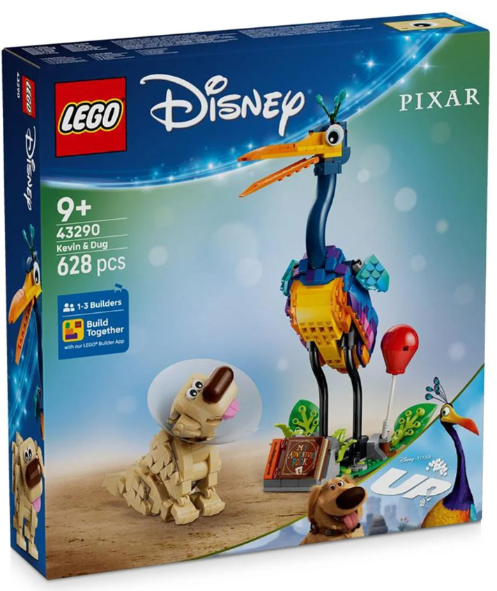 Lego Disney Pixar Set mit Kevin & Dug. Hund trägt einen Trichter, Vogel hat großen Schnabel.