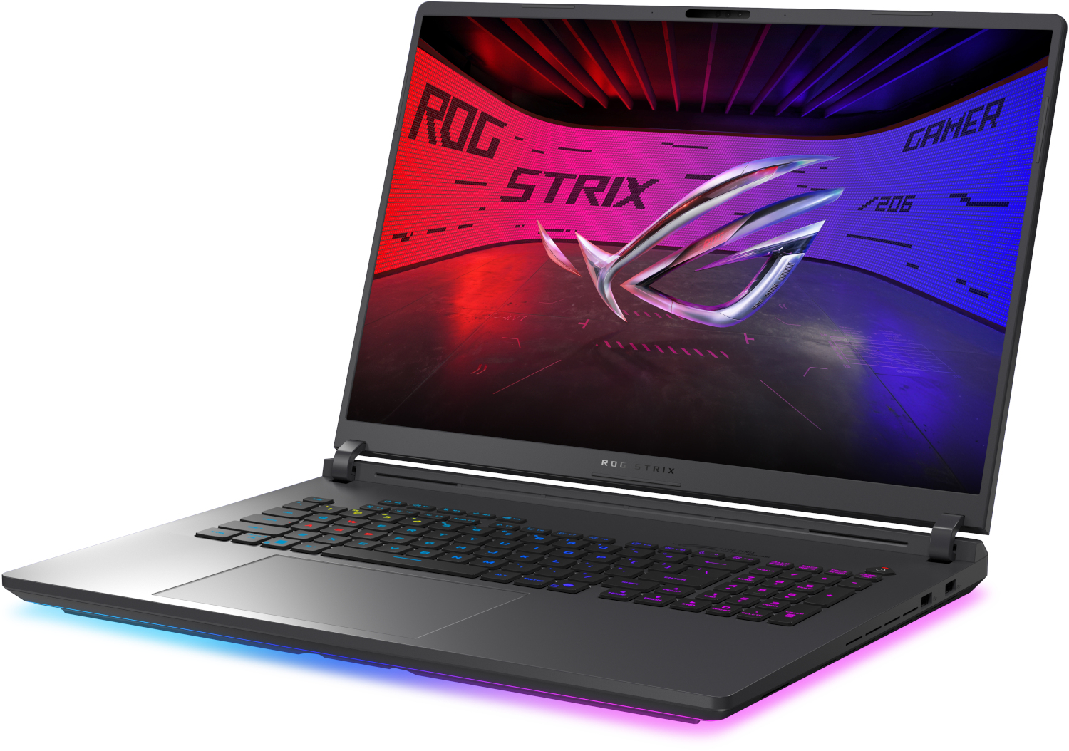 An open gaming laptop with a backlit keyboard and logo displayed on the screen.