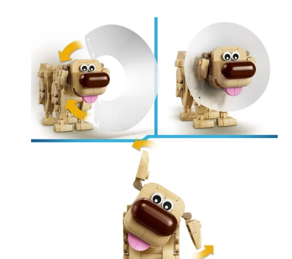 Tan Lego-Hund mit brauner Nase und großen Augen, aus mehreren Blickwinkeln gezeigt.