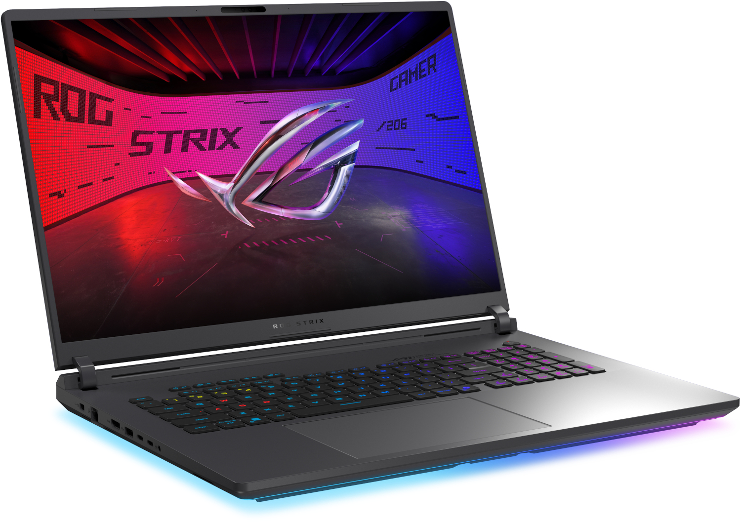A black ASUS ROG Strix gaming laptop is shown from the side. The screen displays the ROG logo and gamer text.