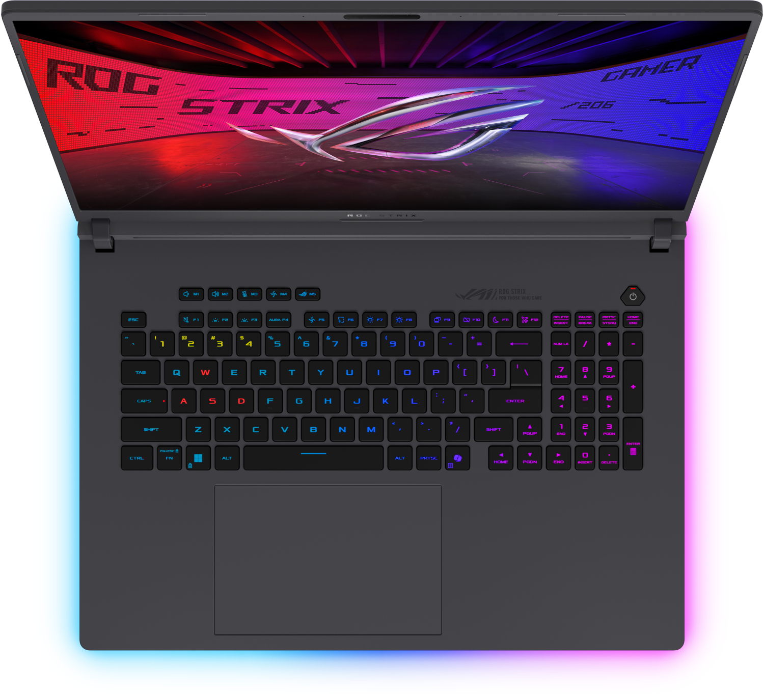 Top-down view of an open ASUS ROG Strix laptop, displaying a vibrant RGB keyboard and screen graphics.