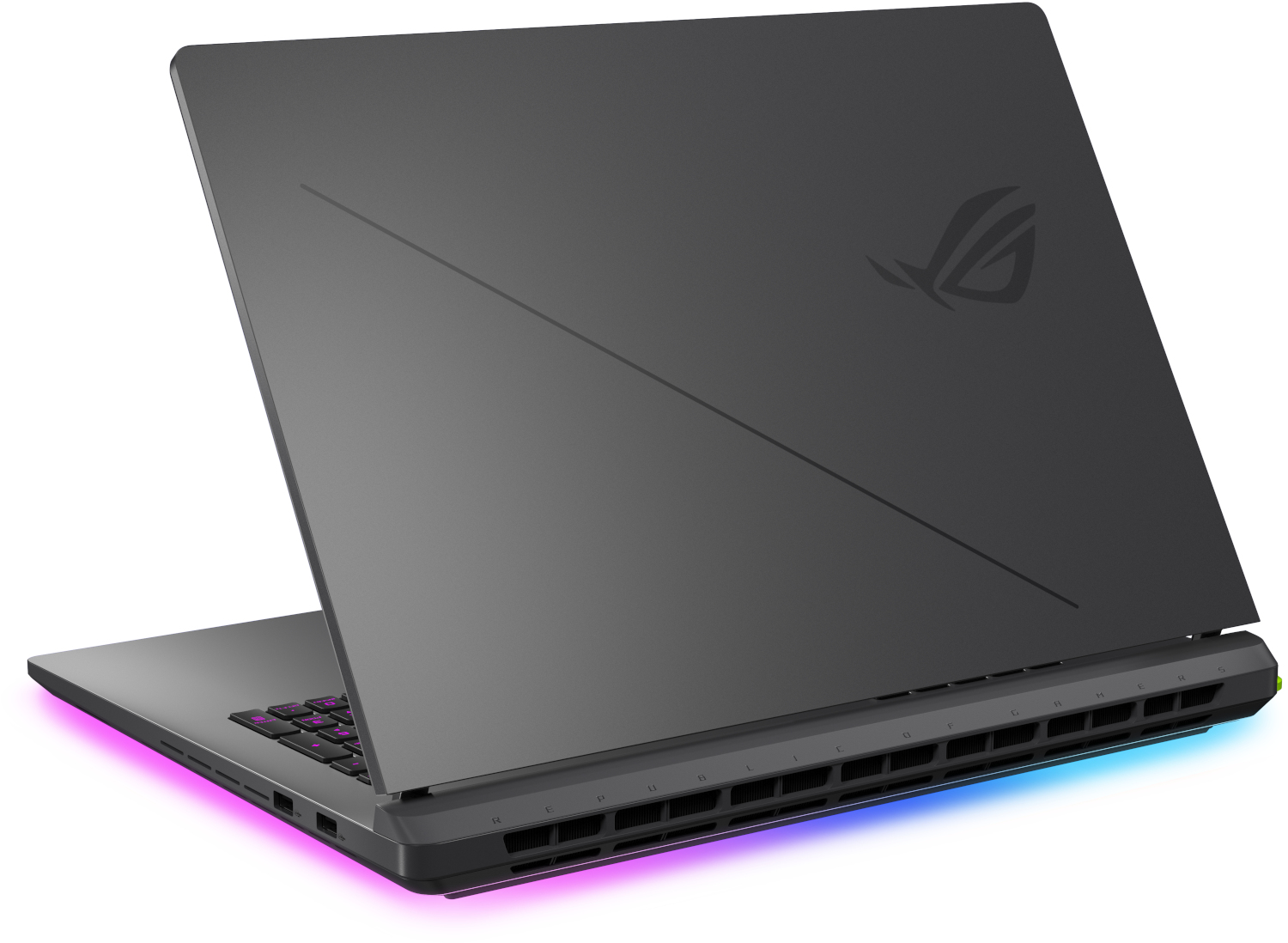 A dark gray laptop with RGB lighting on the bottom edge and keyboard.