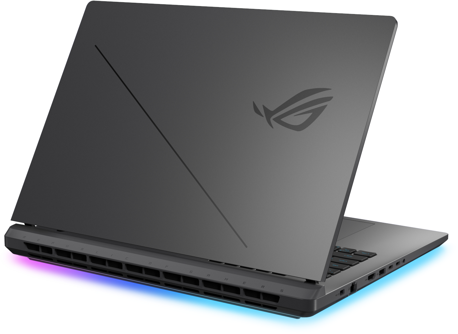 A gray gaming laptop with RGB lighting on the bottom. The ROG logo is visible on the lid.