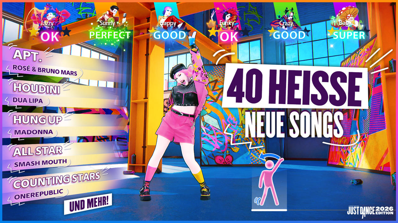 Just Dance 2026 Bildschirm mit Songliste, Tänzern und Text '40 heiße neue Songs'.