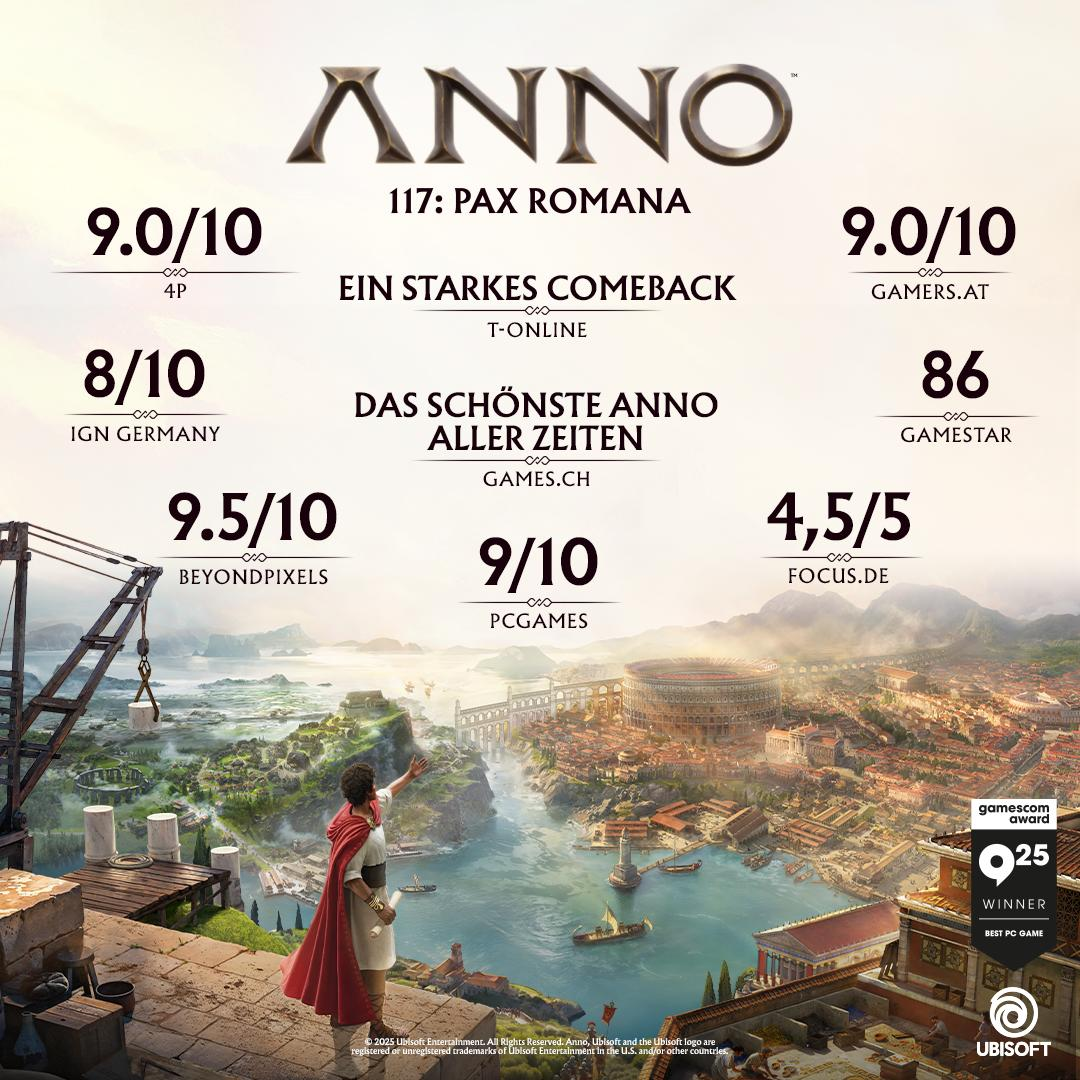 Anno 117: Pax Romana Spielwerbung mit Bewertungen und römischer Stadtkunst.