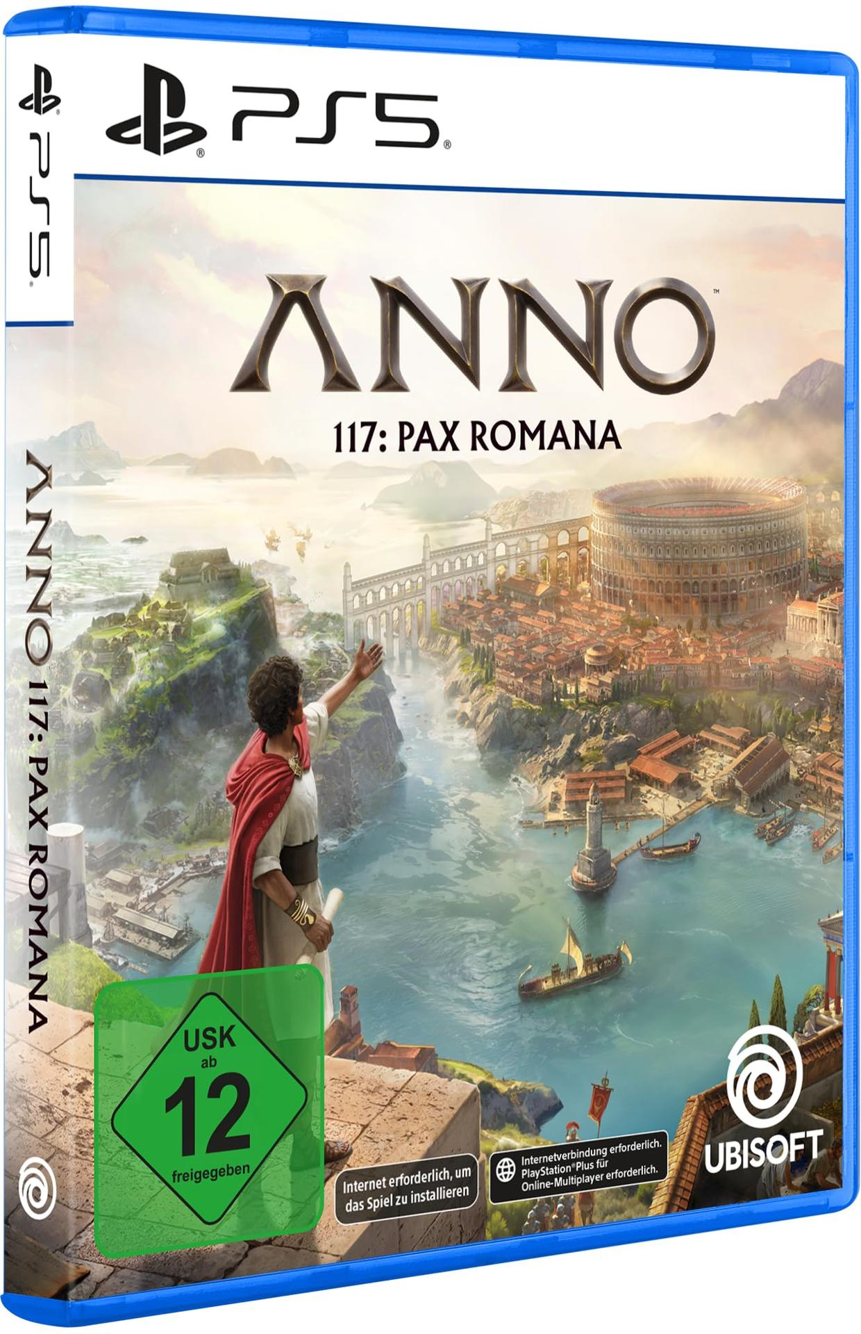 PlayStation 5 Spielhülle: Anno 117 Pax Romana, antike Stadt, Mann mit Umhang.