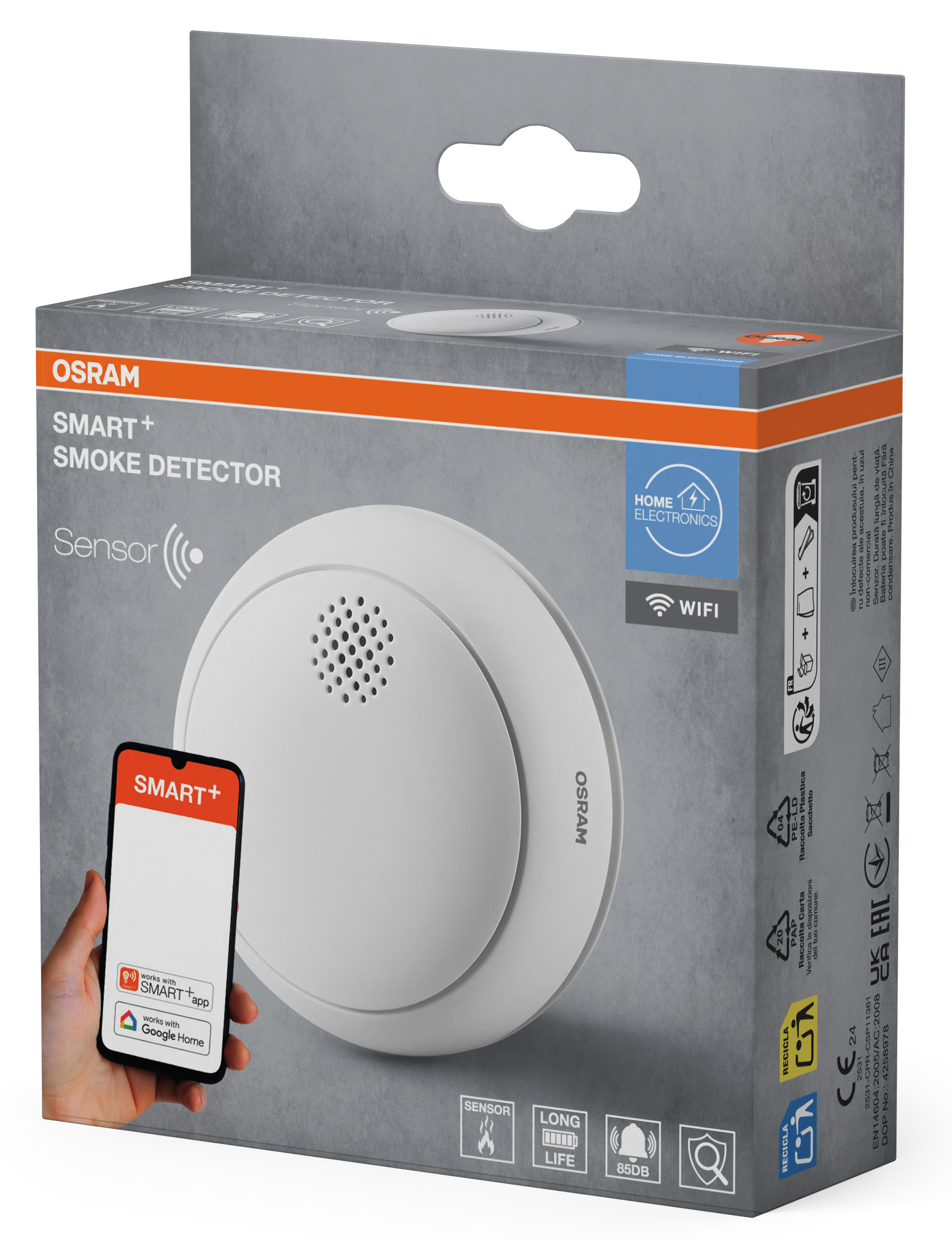 OSRAM SMART+ füstérzékelő csomagolás, okostelefonnal az alkalmazással.