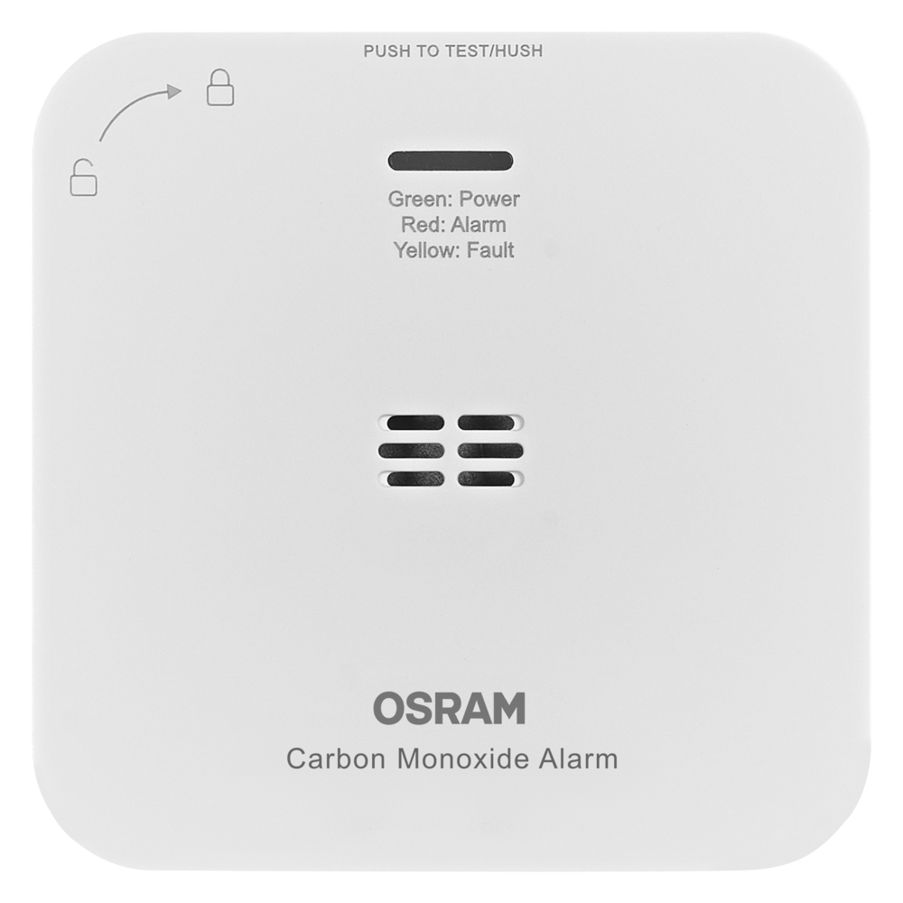 Fehér OSRAM szén-monoxid riasztó teszt/csendes gombbal és jelzőfényekkel.