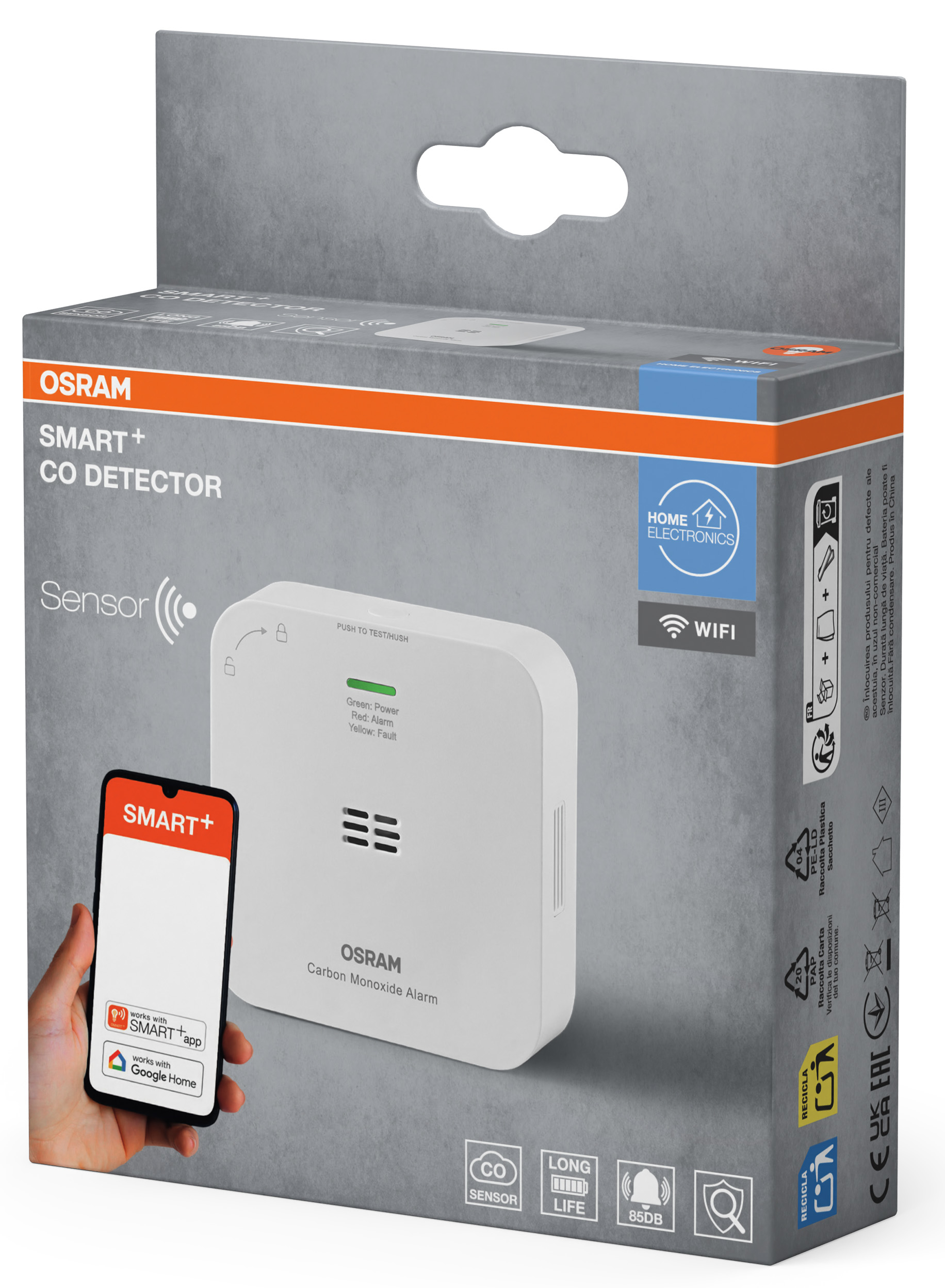 OSRAM Smart+ CO érzékelő szürke kartonon, okostelefon kijelzővel.