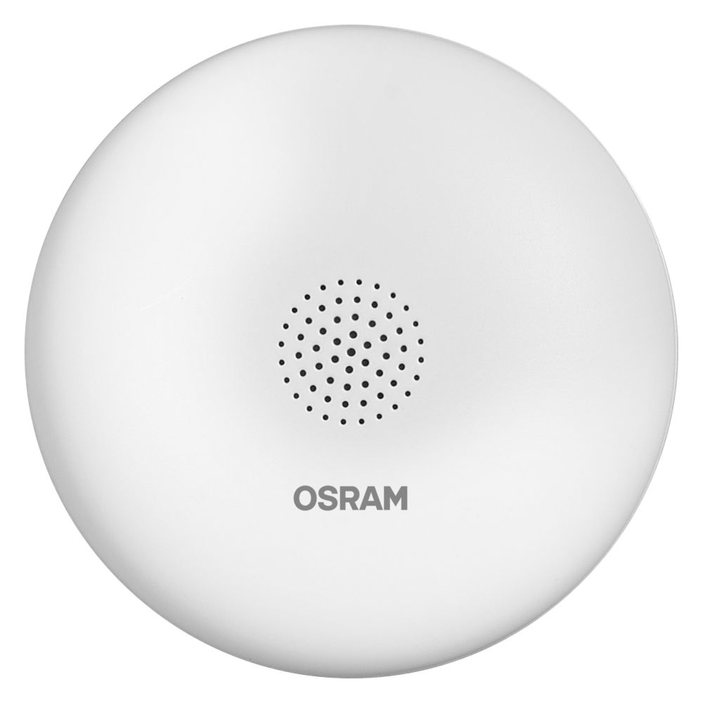 Fehér, kör alakú eszköz hangszóróráccsal és Osram logóval.