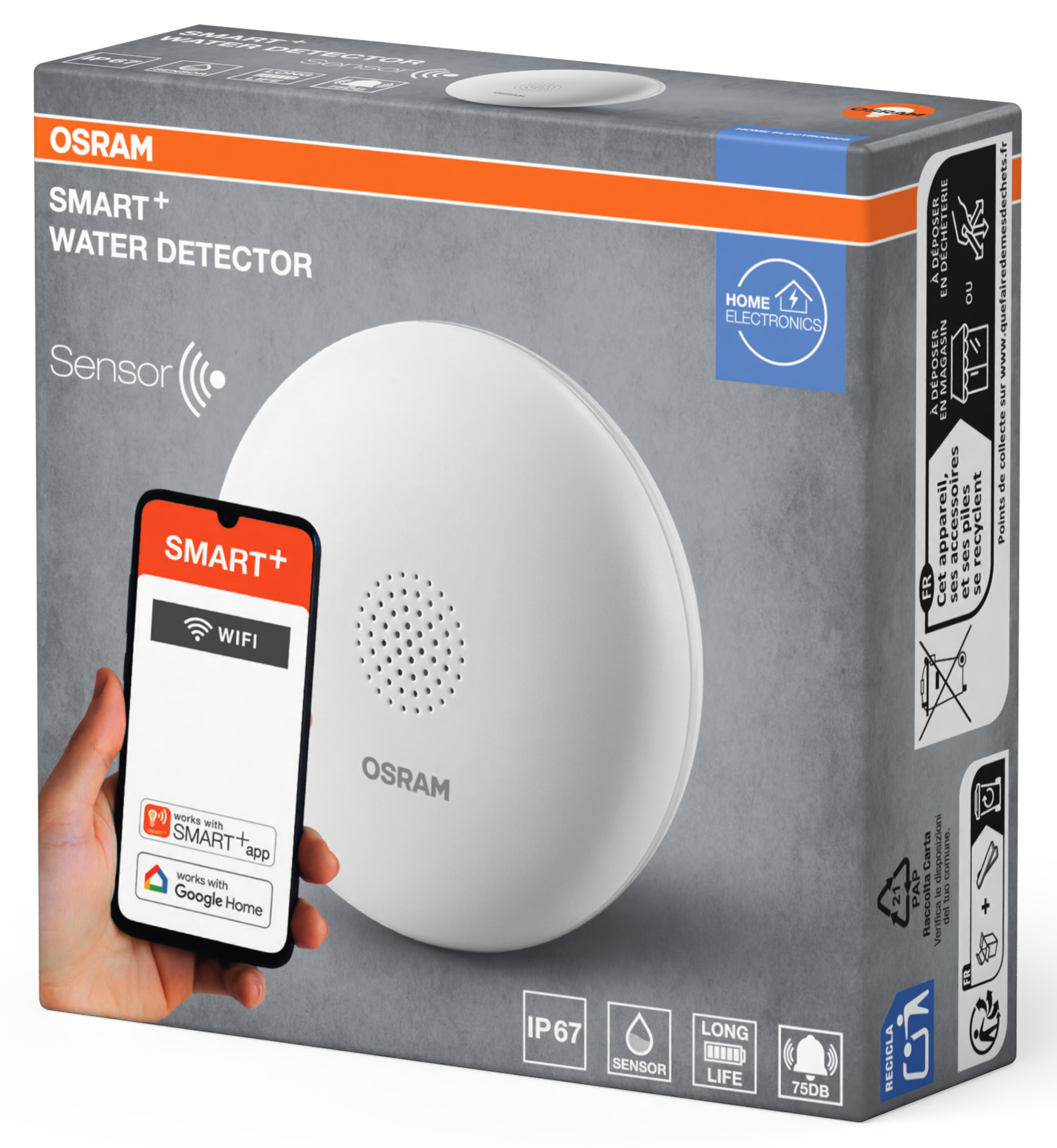 Osram Smart+ vízérzékelő doboz okostelefonnal. IP67, hosszú élettartam.