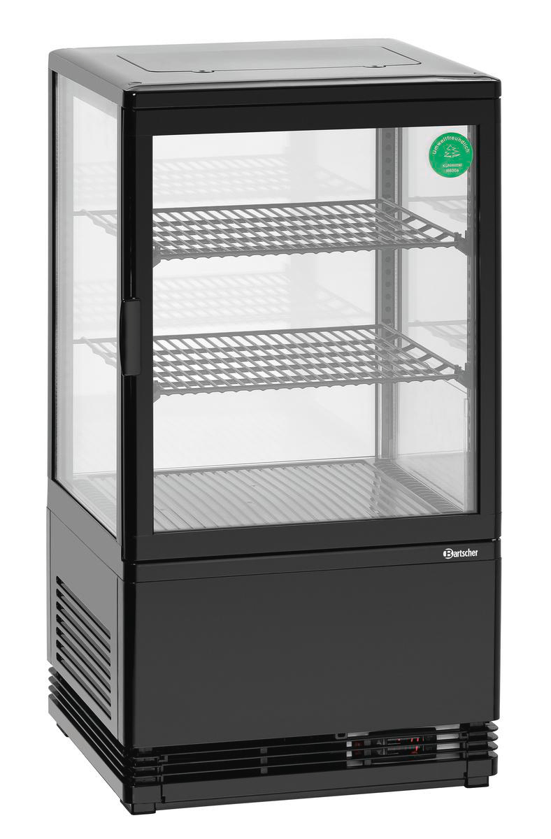 Schwarzer Kühlschrank mit Glastür und drei Regalen, mit Lüftungsschlitzen unten.