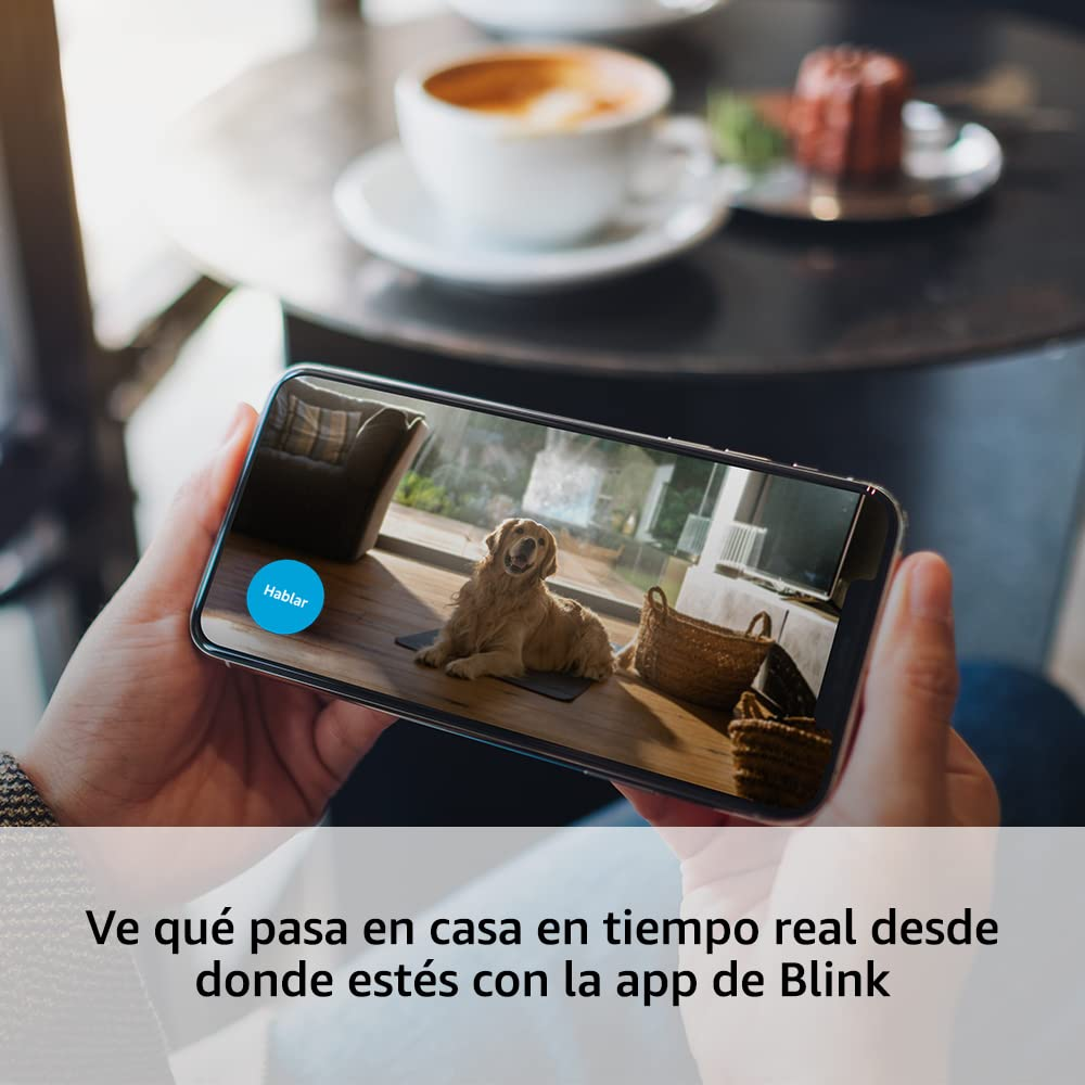 Una persona sostiene un smartphone que muestra un golden retriever dentro de una casa. Una taza de café está en la mesa.