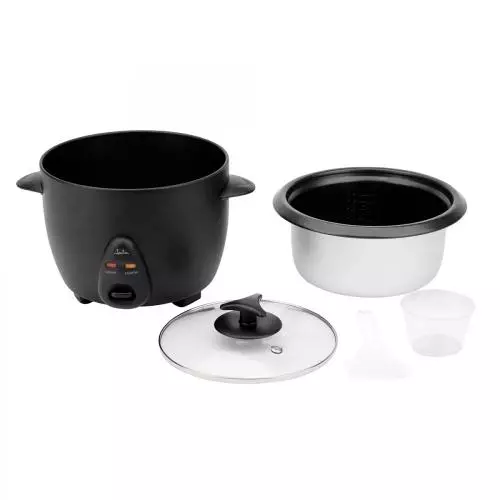 Una arrocera negra con olla interior extraíble, tapa de cristal y medidor.