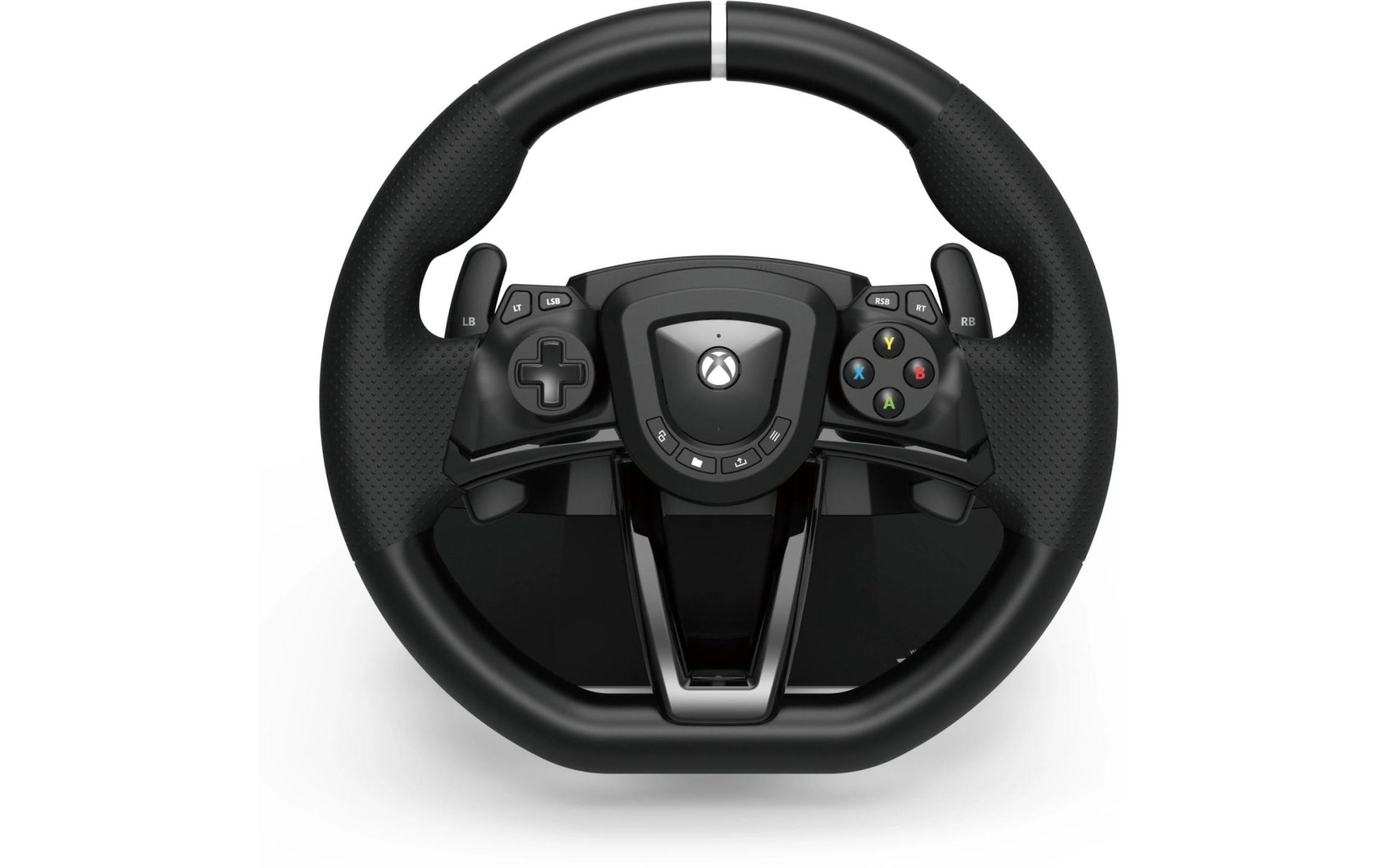 Volante de gaming Xbox negro con botones, D-pad y logo de Xbox.