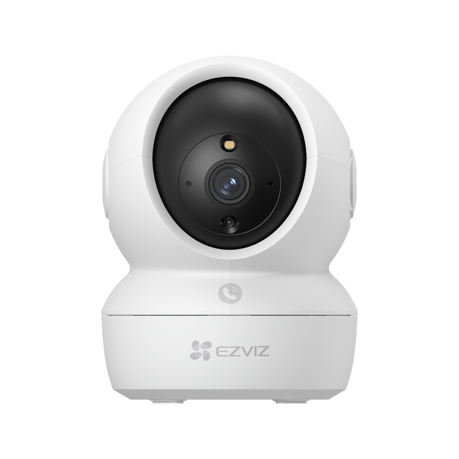 Una cámara de seguridad EZVIZ blanca con lente negra y logo plateado.