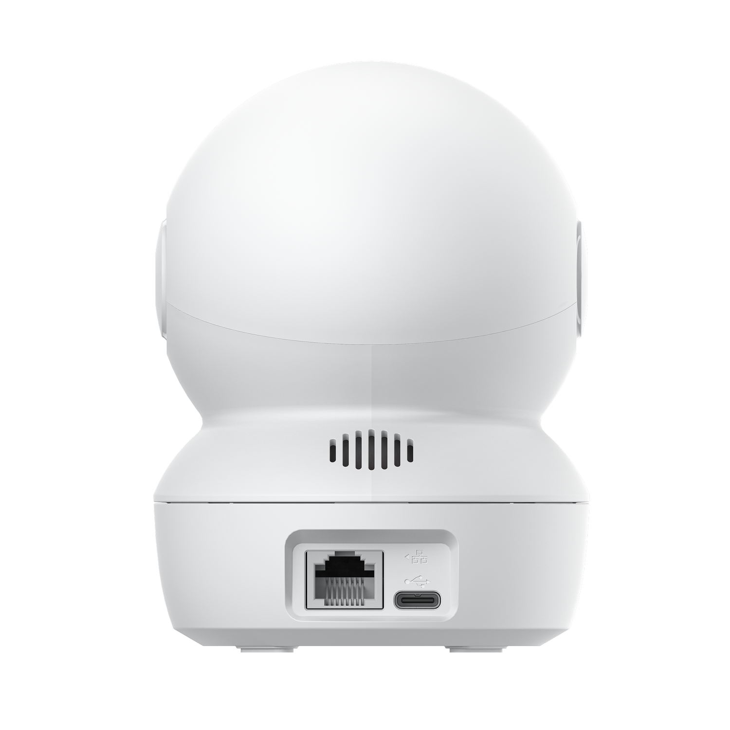 Cámara de seguridad blanca vista trasera con puertos Ethernet y USB-C.