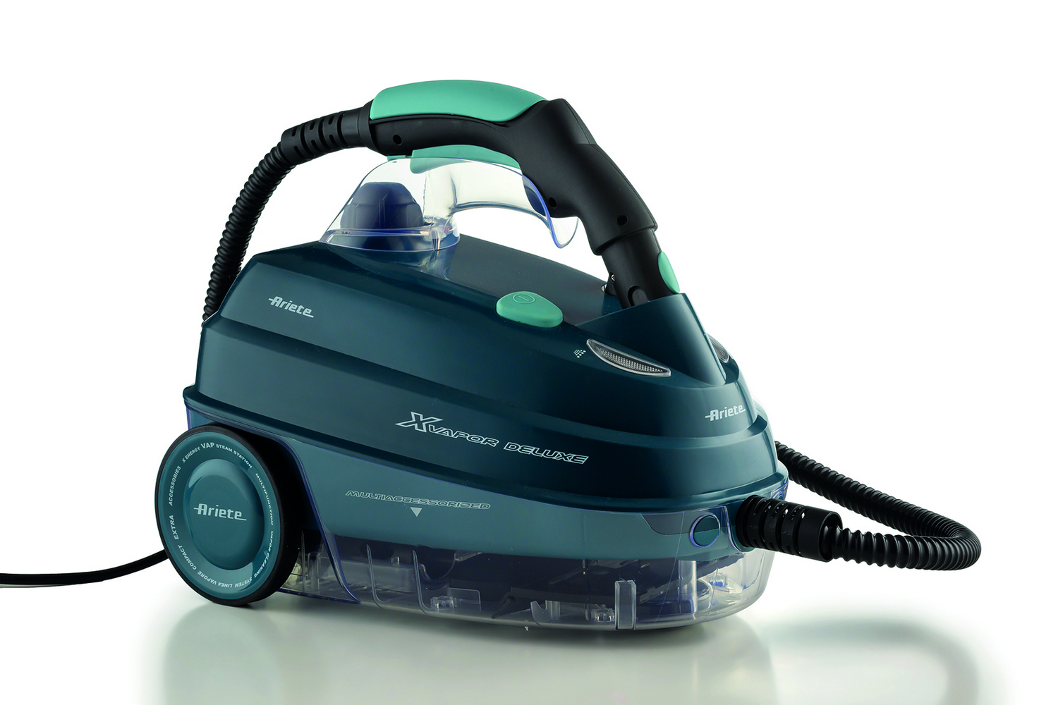 Una limpiadora a vapor Ariete Xvapor Deluxe color verde azulado con manguera negra y detalles verdes.