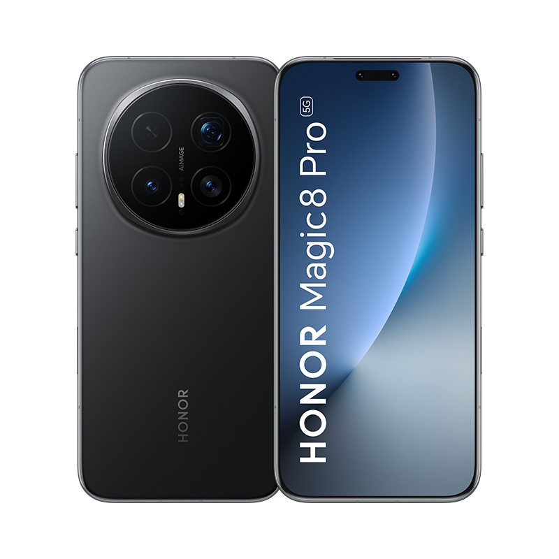 Teléfono Honor Magic8 Pro negro. Parte trasera muestra conjunto de cámaras, frontal pantalla.