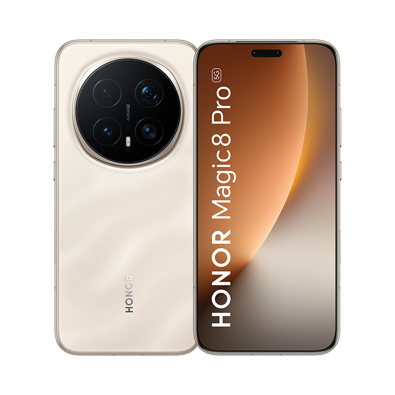 Un smartphone Honor Magic8 Pro beige mostrado de frente y de espaldas. La espalda tiene una cámara circular.