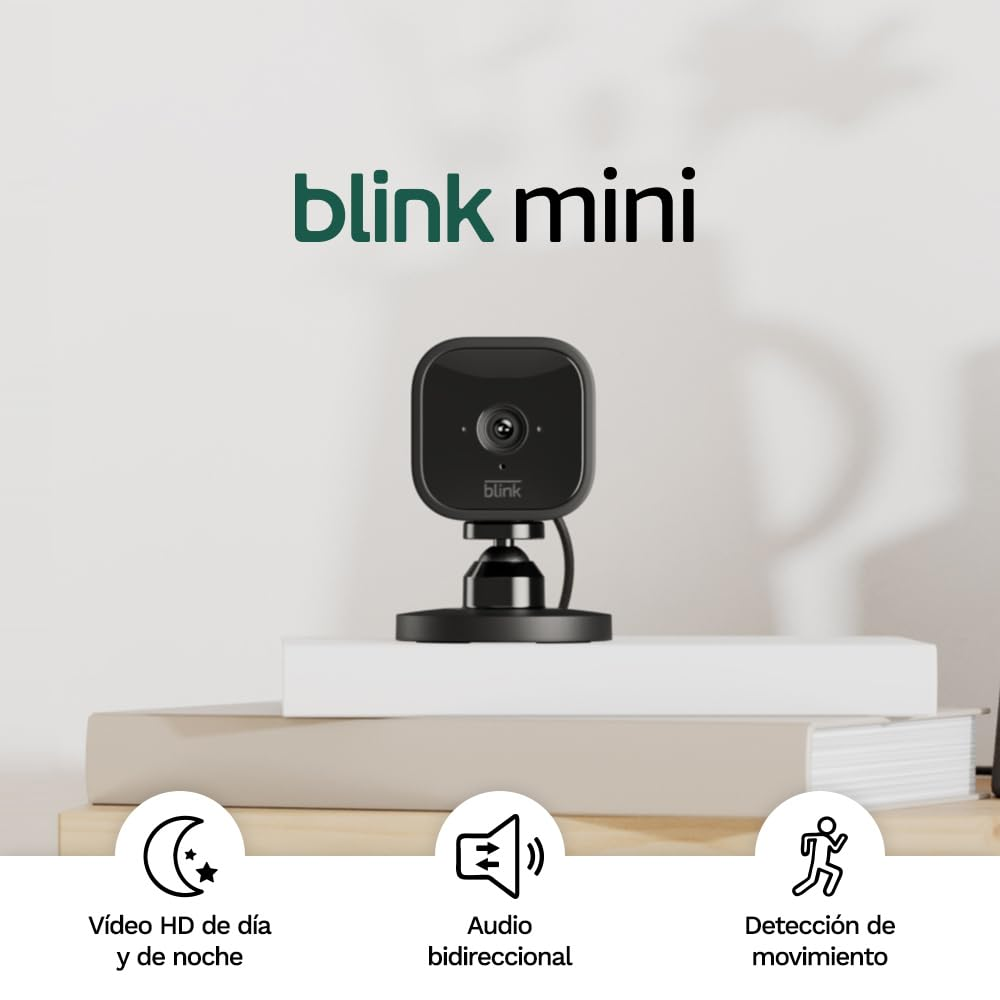 Cámara Blink Mini sobre un soporte, con iconos para vídeo HD día/noche, audio bidireccional, detección de movimiento.
