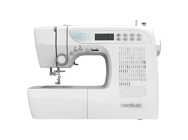 Máquina de coser - Cecotec BelleCouture 21500, 215 puntadas, Motor digital, Pantalla LCD, Enhebrado automático, Kit accesorios, Blanco