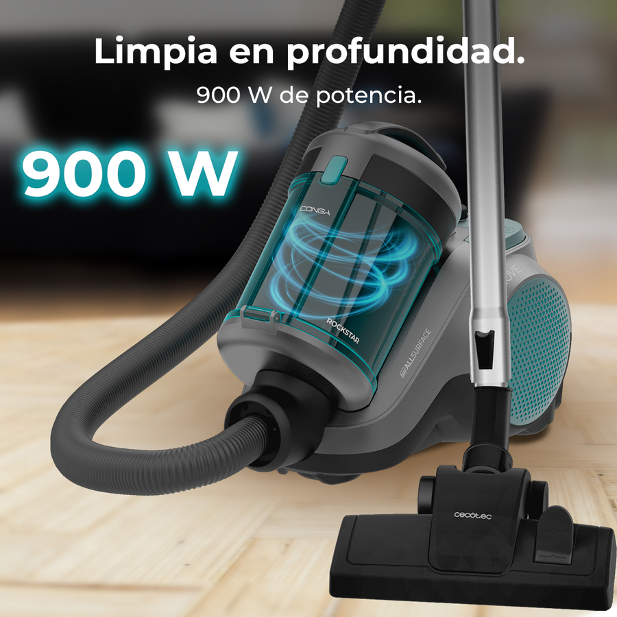 Una aspiradora gris y turquesa con un depósito transparente que muestra remolinos de succión azules.