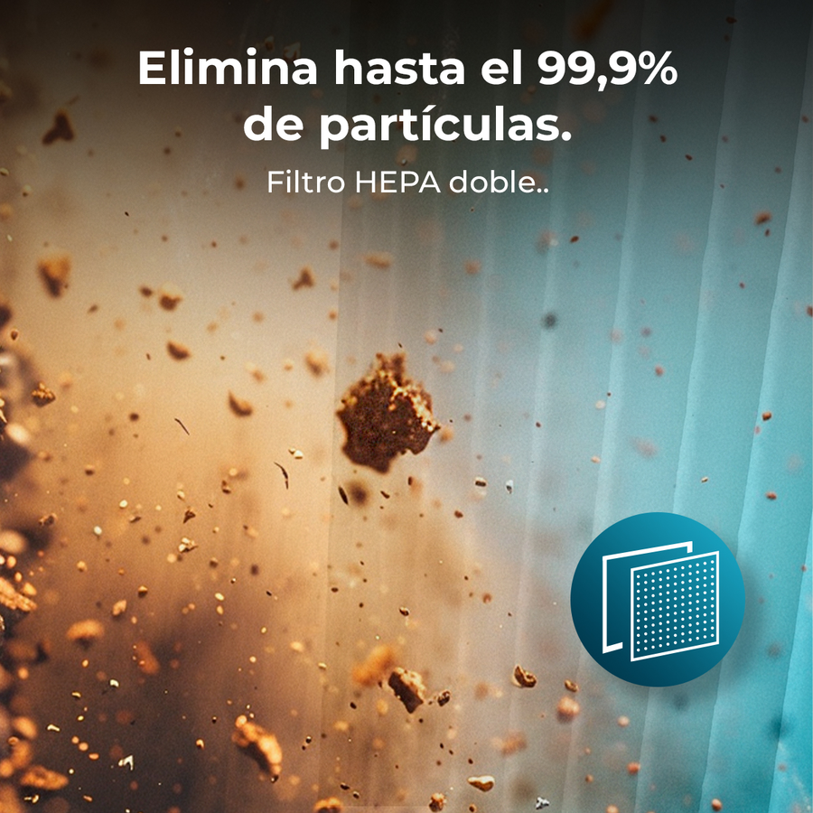 Partículas de polvo explotando en el aire, con icono de filtro HEPA a la derecha.