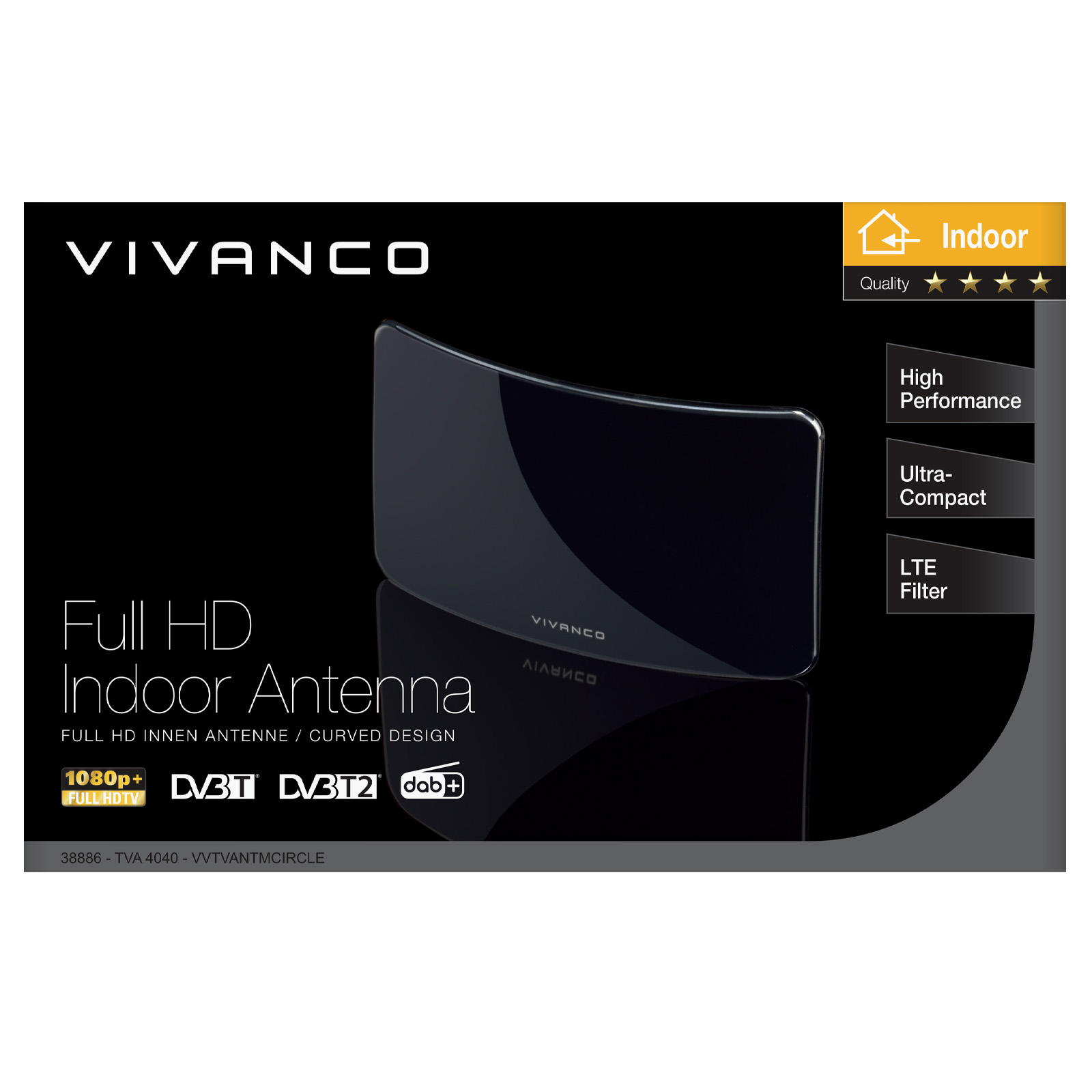 Vivanco Full HD Zimmerantenne, schwarz, geschwungenes Design. Unterstützt 1080p, DVB-T/T2, DAB+.