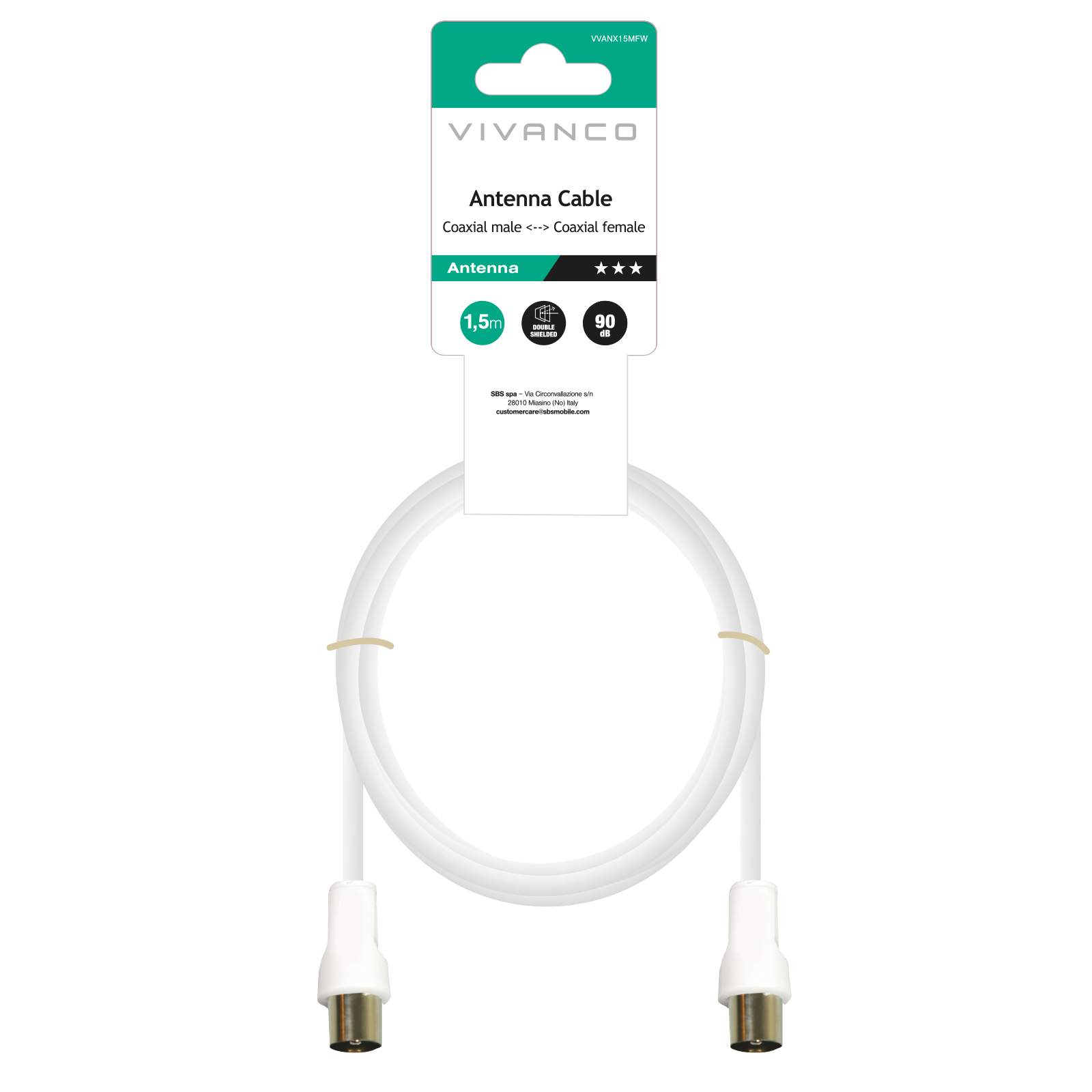 Weißes Antennenkabel 1,5m, koaxial männlich zu weiblich, doppelt geschirmt.
