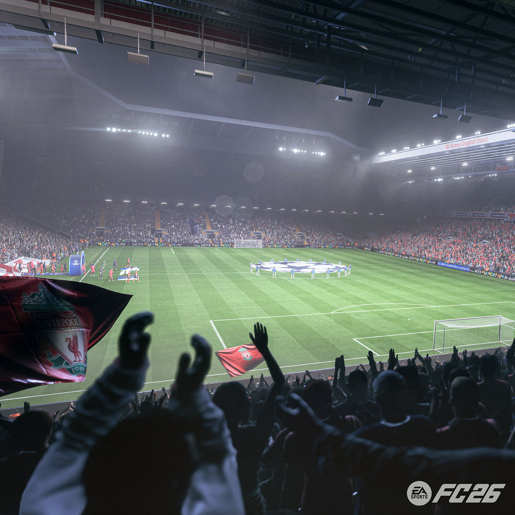 Estadio de fútbol con aficionados ondeando banderas, jugadores en el campo, logo de la Champions League.