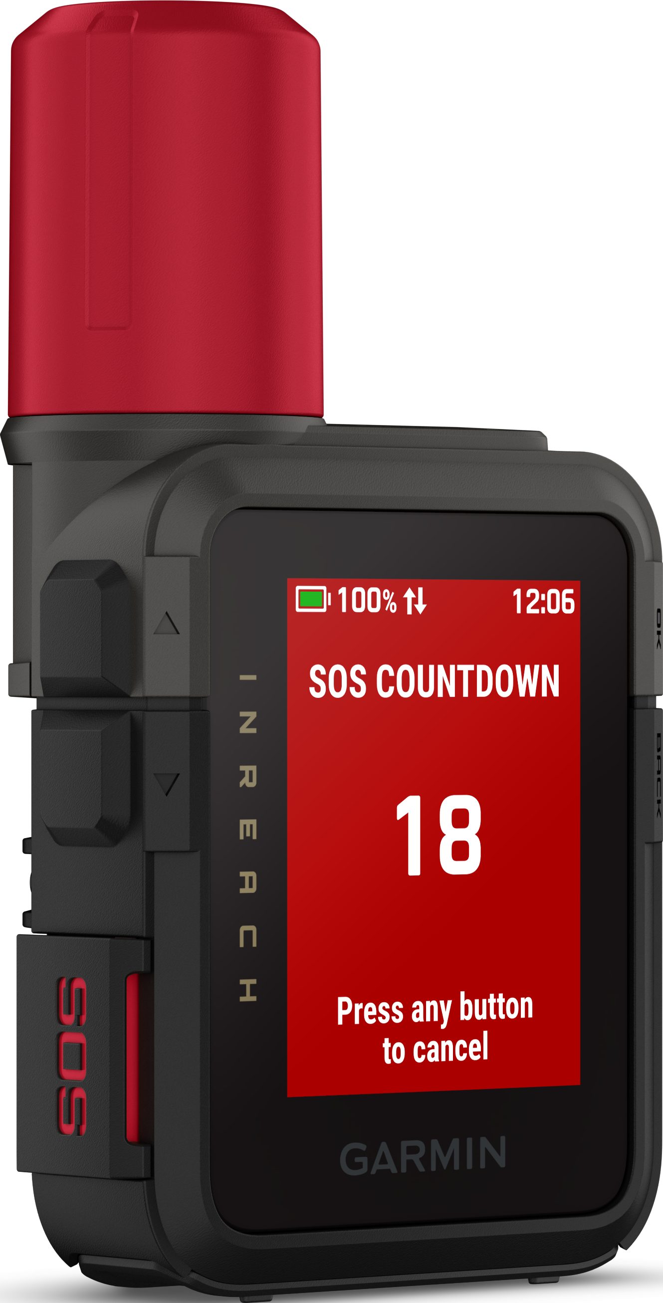 Il dispositivo Garmin InReach mostra un timer SOS con conto alla rovescia di 18 secondi.
