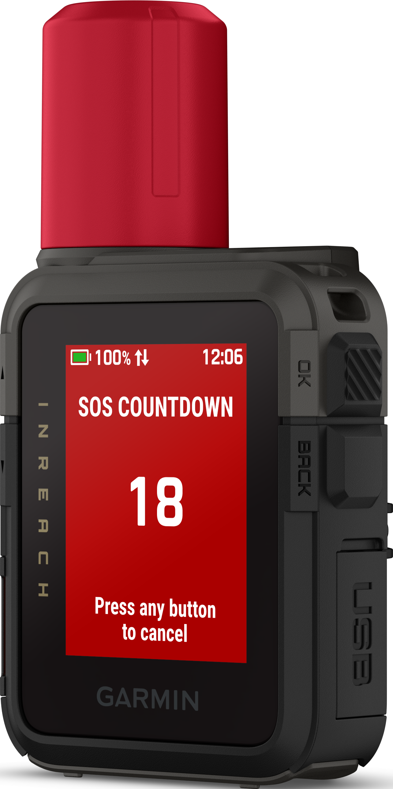 Lo schermo del dispositivo Garmin mostra conto alla rovescia SOS 18, con batteria al 100% e ora 12:06.