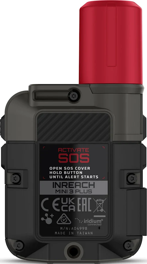 Dispositivo SOS InReach Mini 3 Plus nero e grigio con parte superiore rossa. Testo: ACTIVATE SOS.