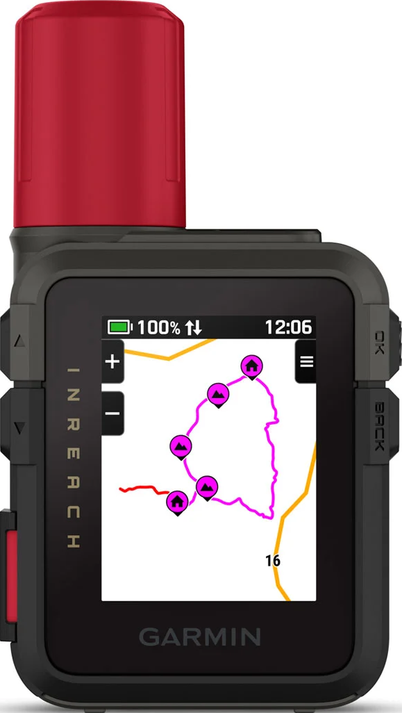 Dispositivo Garmin InReach con mappa, batteria 100%, ora 12:06.