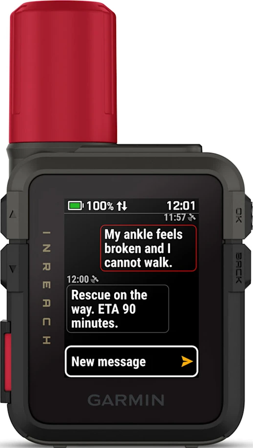 Dispositivo Garmin inReach che mostra messaggi: 'Mi sono rotto la caviglia' e 'Salvataggio in arrivo. ETA 90 minuti.'