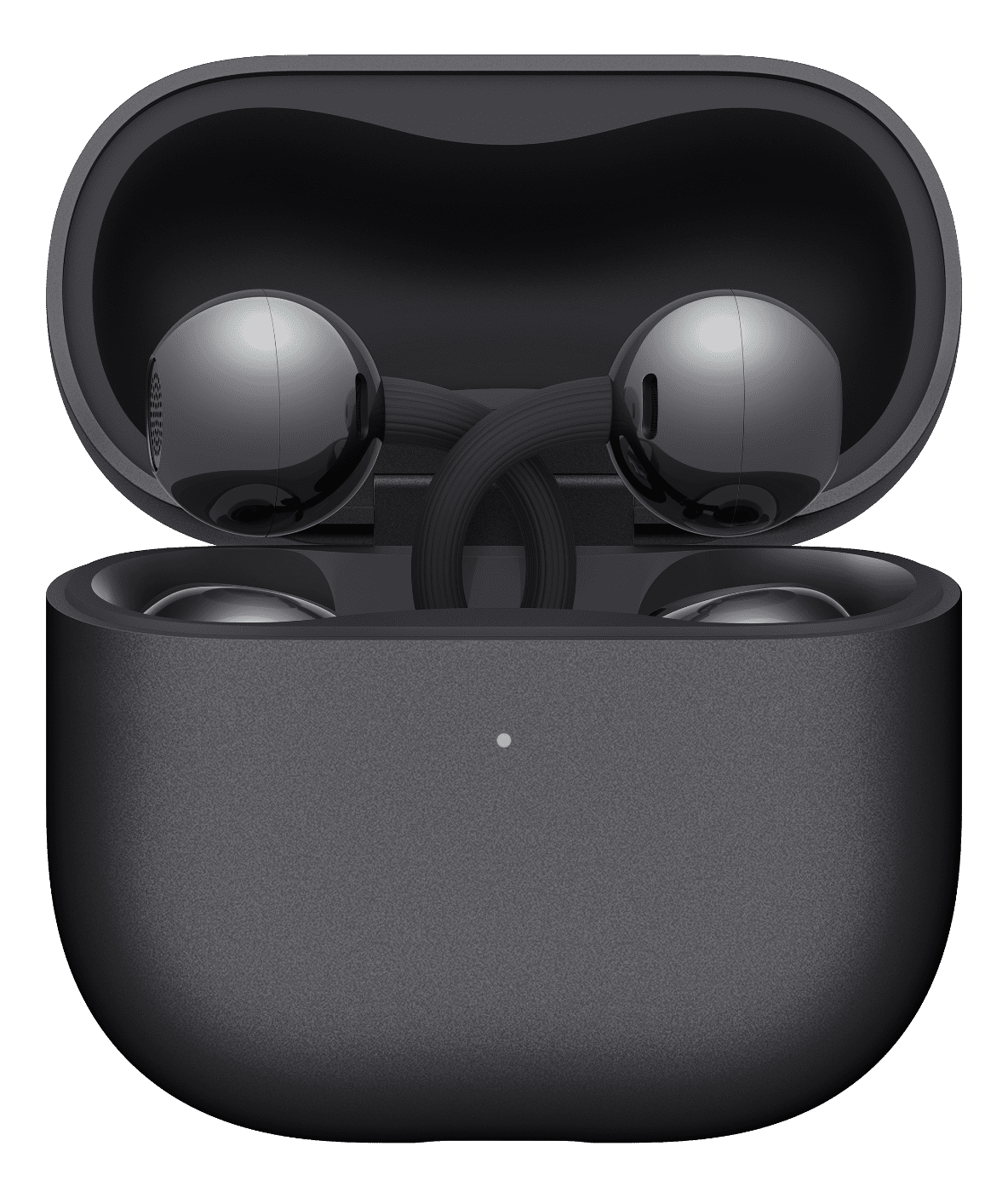 Ein Paar glänzend schwarze kabellose Ohrhörer in ihrem Ladeetui.