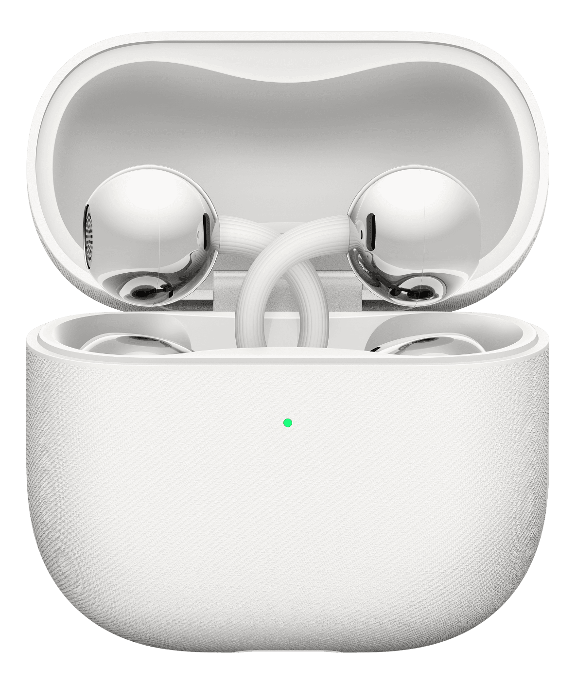 Weiße kabellose Ohrhörer mit Ladecase, Ohrhörer darin gezeigt.