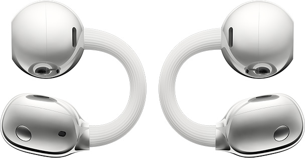 Zwei weiße Kopfhörer mit einem gebogenen weißen Kabel verbunden.