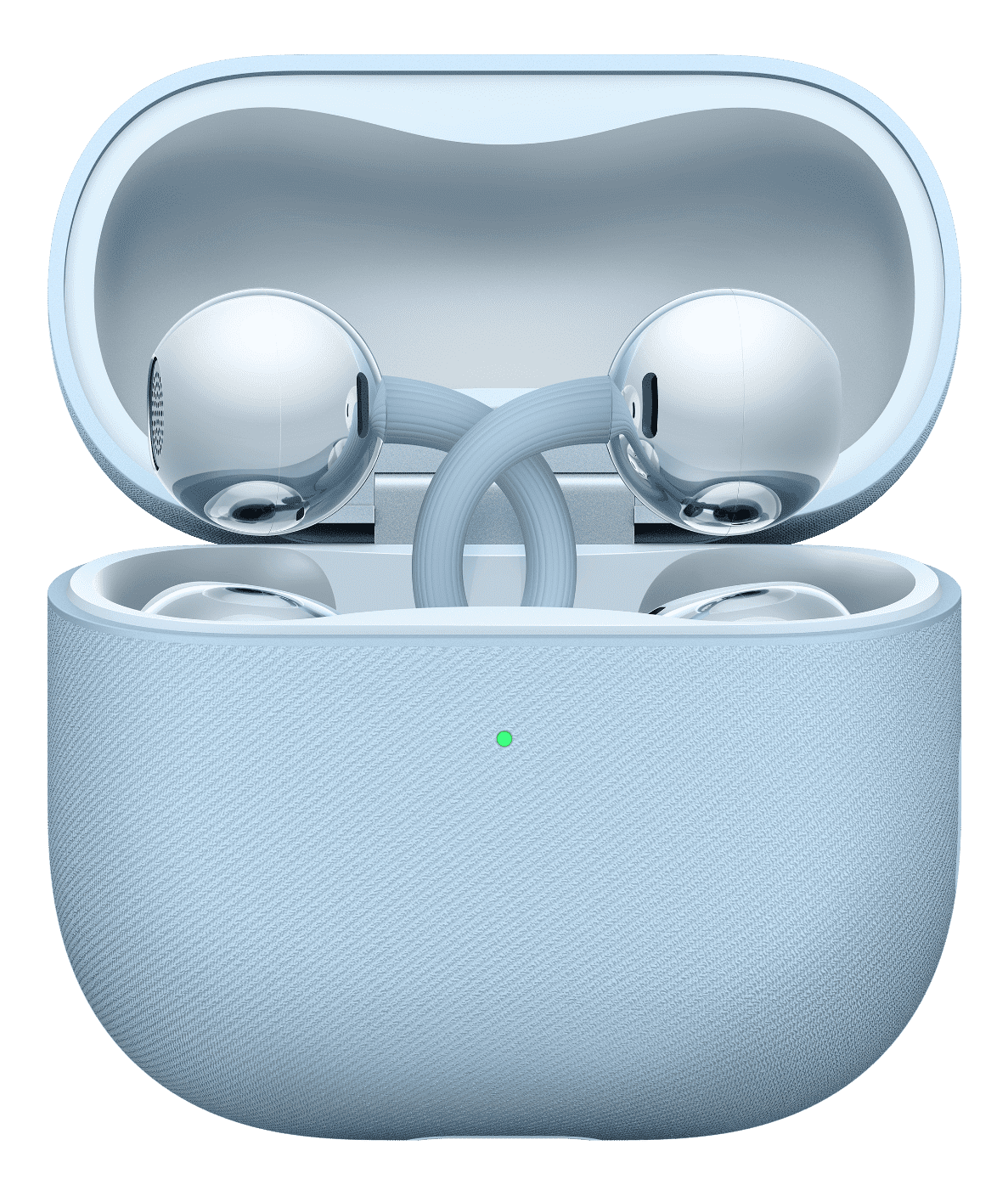 Ein hellblaues Ladeetui für Ohrhörer ist geöffnet und zeigt zwei weiße Ohrhörer.