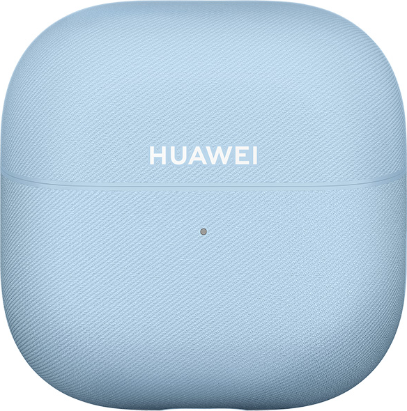 Ein hellblaues Huawei-Kopfhörergehäuse mit texturierter Stoffoberfläche und kleiner Kontrollleuchte.