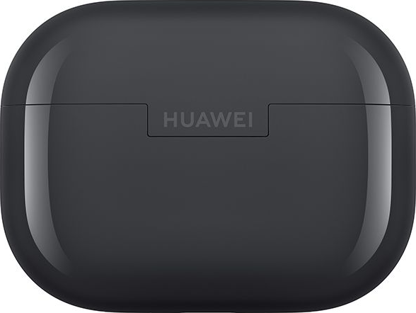 Ein geschlossenes, dunkelgraues, ovales Ladeetui für Ohrhörer mit HUAWEI-Logo.